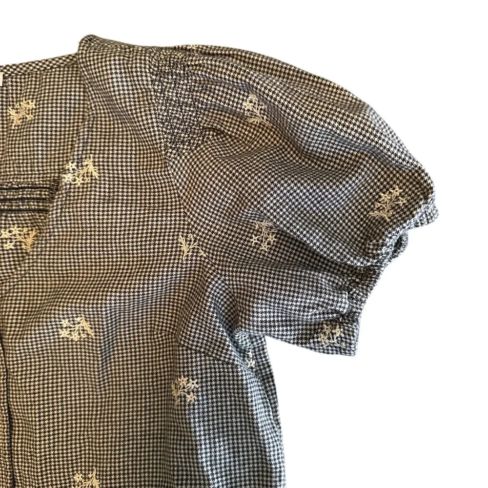 Madewell Black Gingham Floral Blouse S Embroidered Puff Sleeve Cottagecore Top